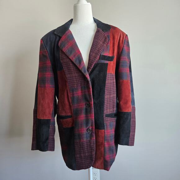 Vtg Brandon Thomas Suede Leather Patchwork Blazer Womens Sz 10 Red Black Jacket - Picture 1 of 13